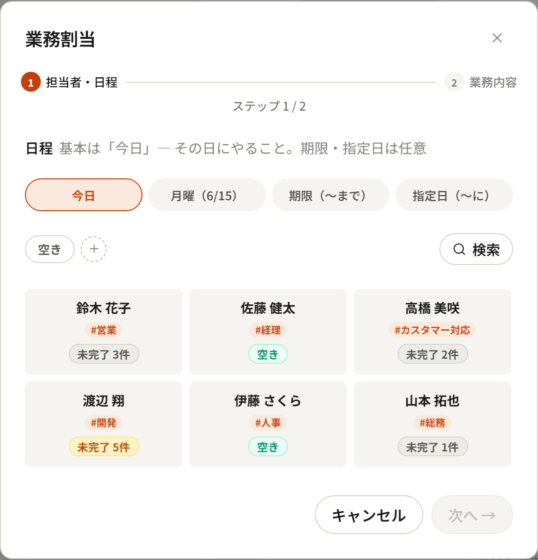 業務割当の画面 — メンバーごとの空き状況と担当領域(#営業・#開発など)が一目でわかり、迷わず割り当てられる