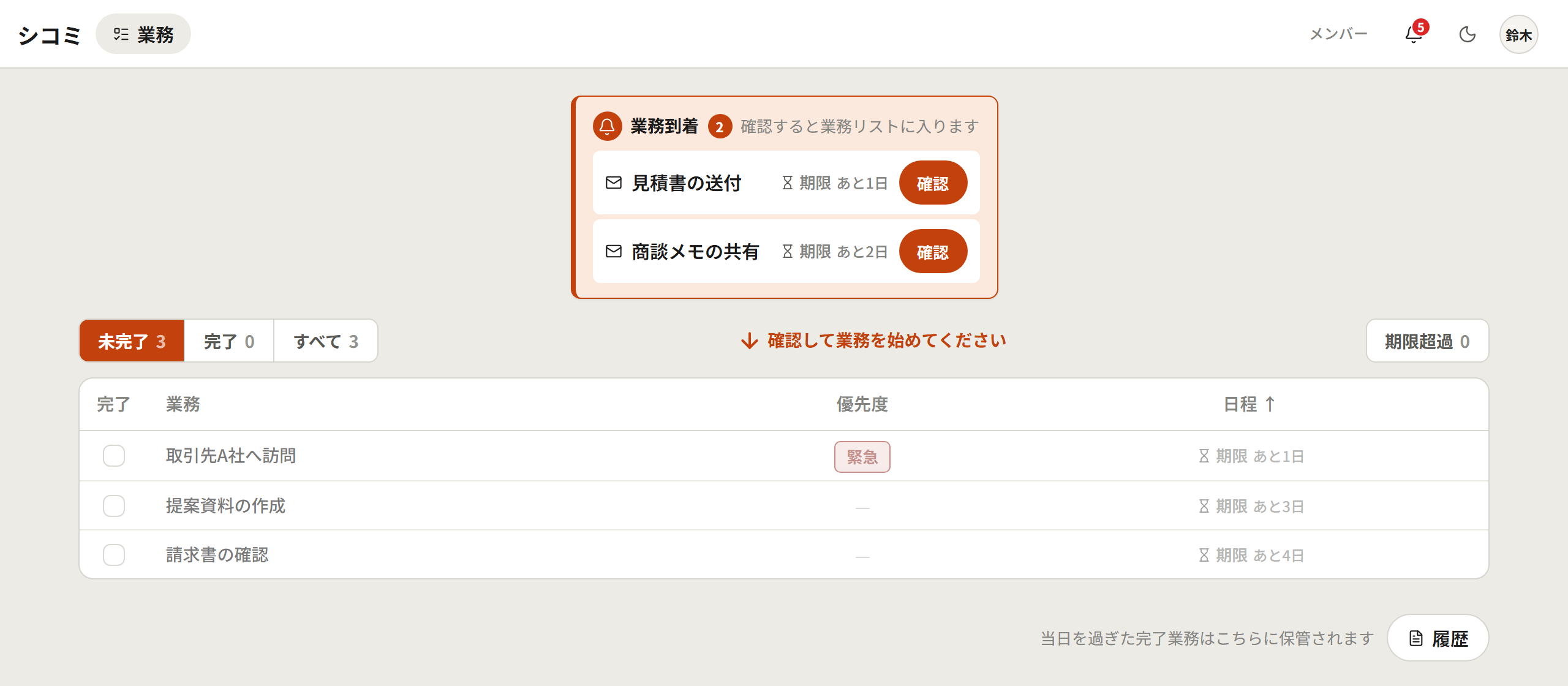 メンバーの未読インボックス画面 — 届いた業務を確認して完了するだけのシンプルな画面